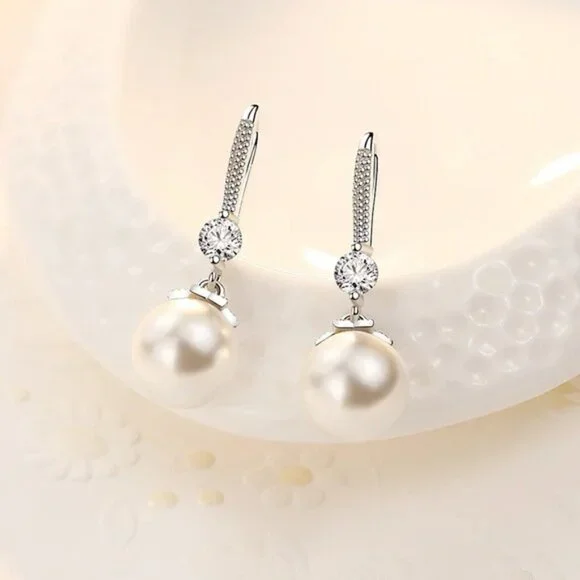 Fine 925 Sterling Silver Luxury Crystal Zircon Pearl Earrings - Picture 3 of 5